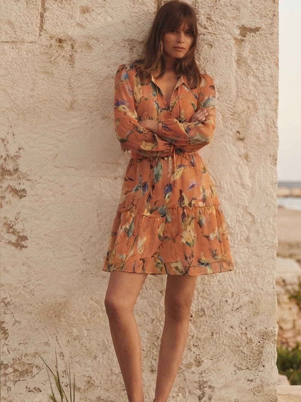 Greylin Lagenlook Tiered Babydoll Dress Flowy Layer Peach Floral Mini Sz Small